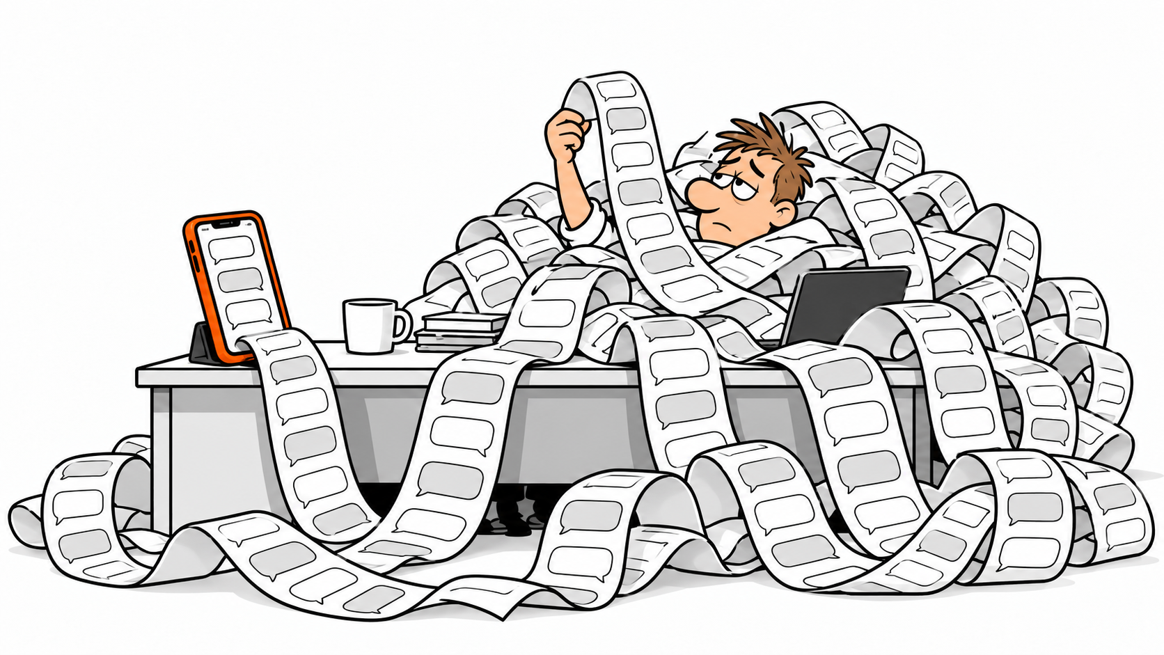 An endless chat spills out of a phone and buries the person trying to read it.