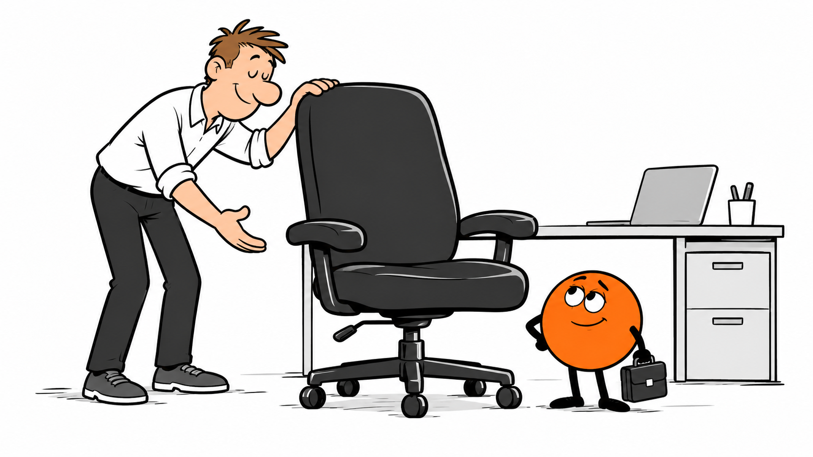 A tiny orange colleague arrives for work beside a full-sized office chair.